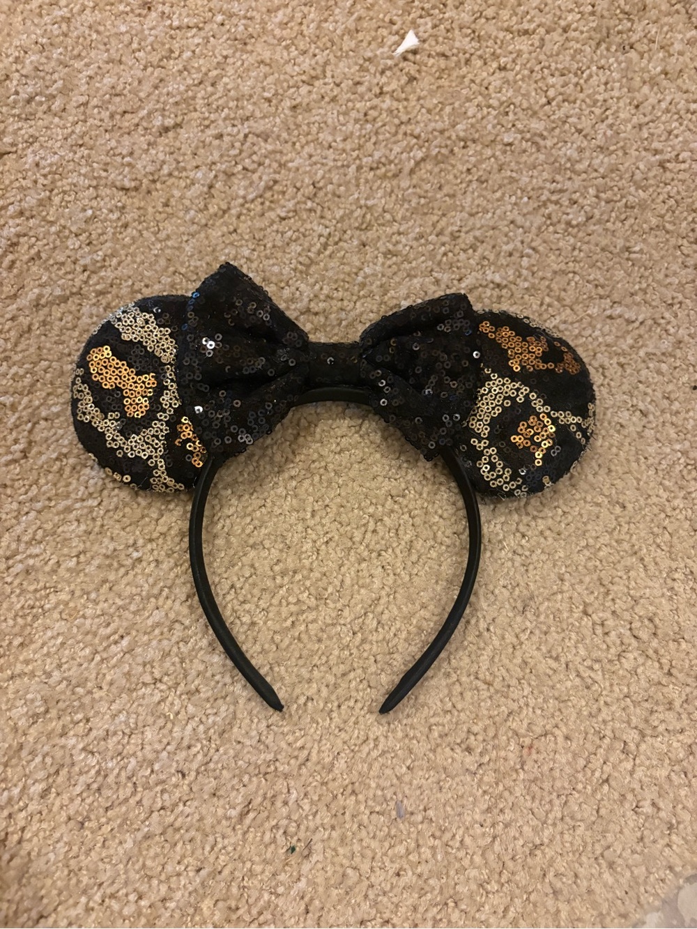 Black Sequin Leopard Minnie Ear Headband with Gold Accents